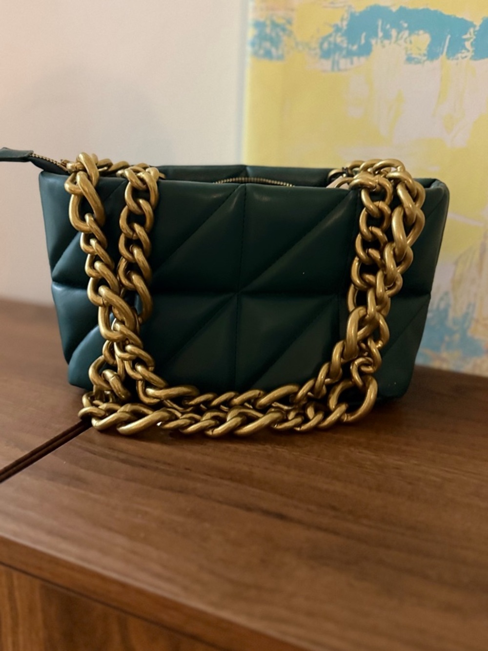 Zara Emerald Green Quilted Shoulder Bag with Gold Chain